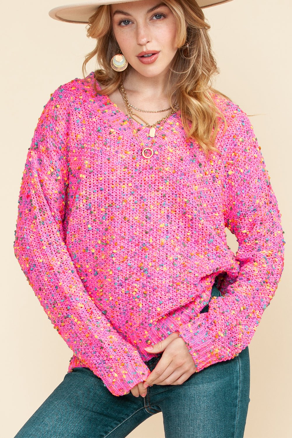 Hot Pink Mixed Color Chunky Knit Sweater - MAD RUFFI