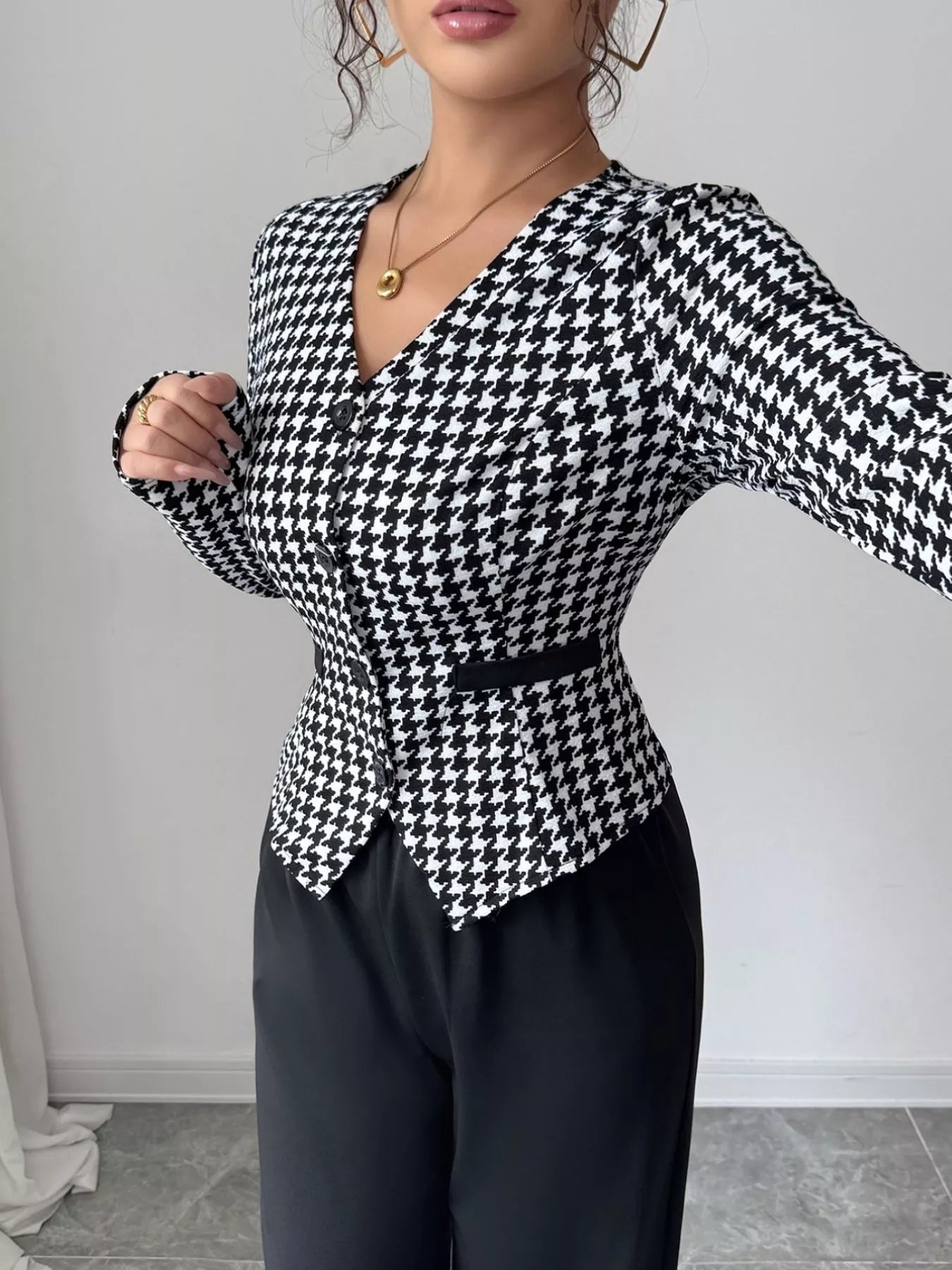 Houndstooth Blazer & Wide Leg Pants Set - MAD RUFFI