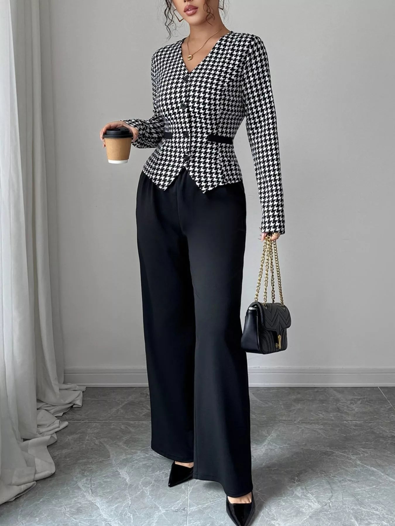 Houndstooth Blazer & Wide Leg Pants Set - MAD RUFFI