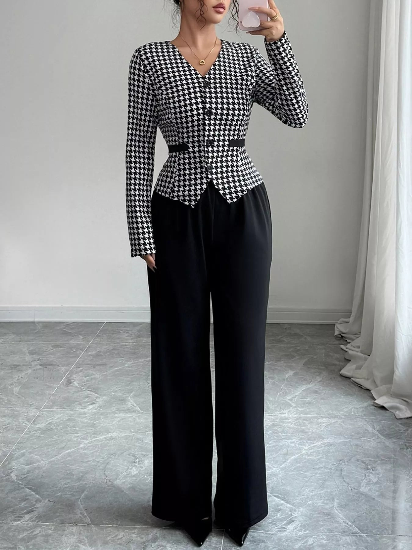 Houndstooth Blazer & Wide Leg Pants Set - MAD RUFFI