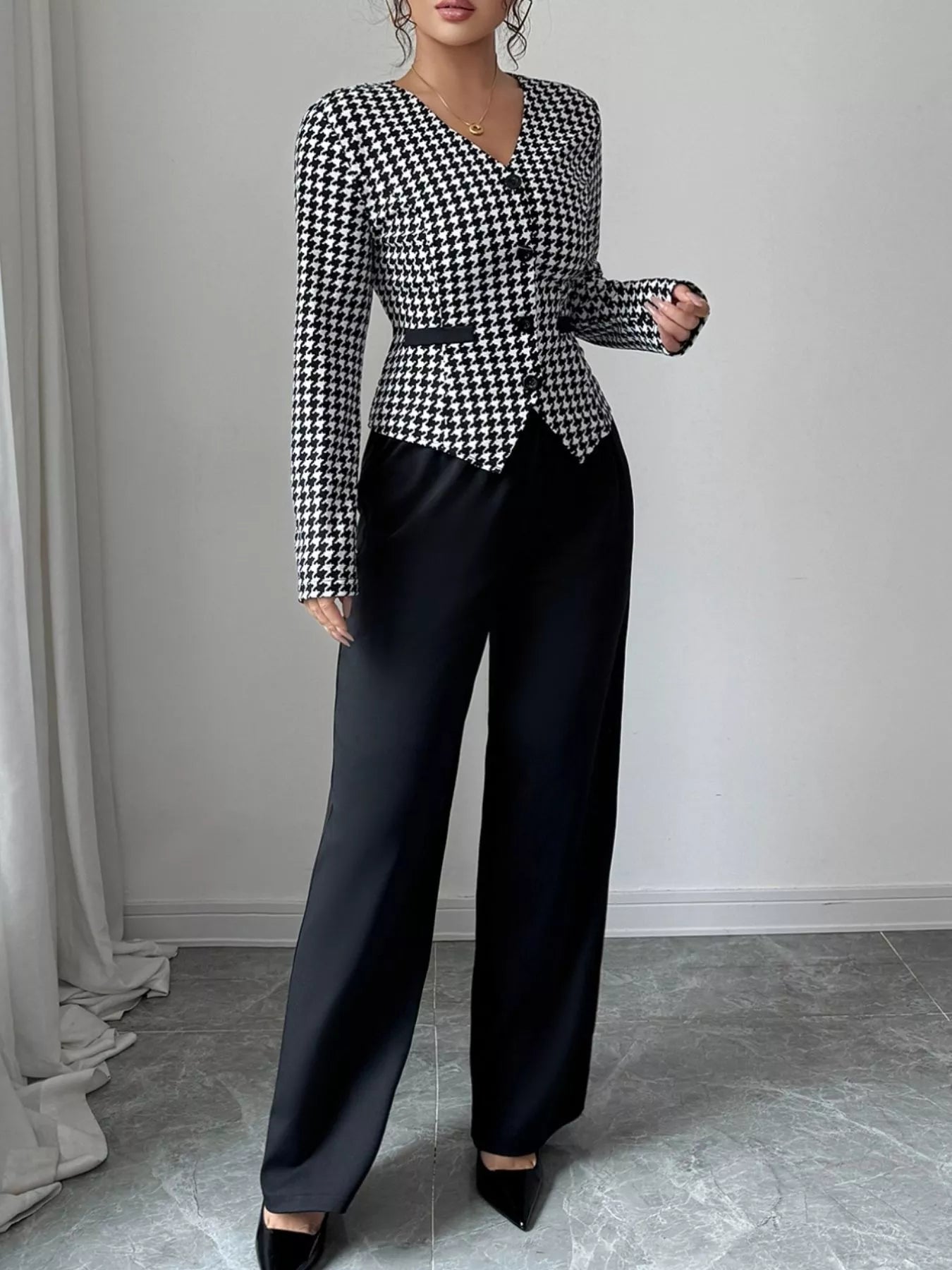 Houndstooth Blazer & Wide Leg Pants Set - MAD RUFFI