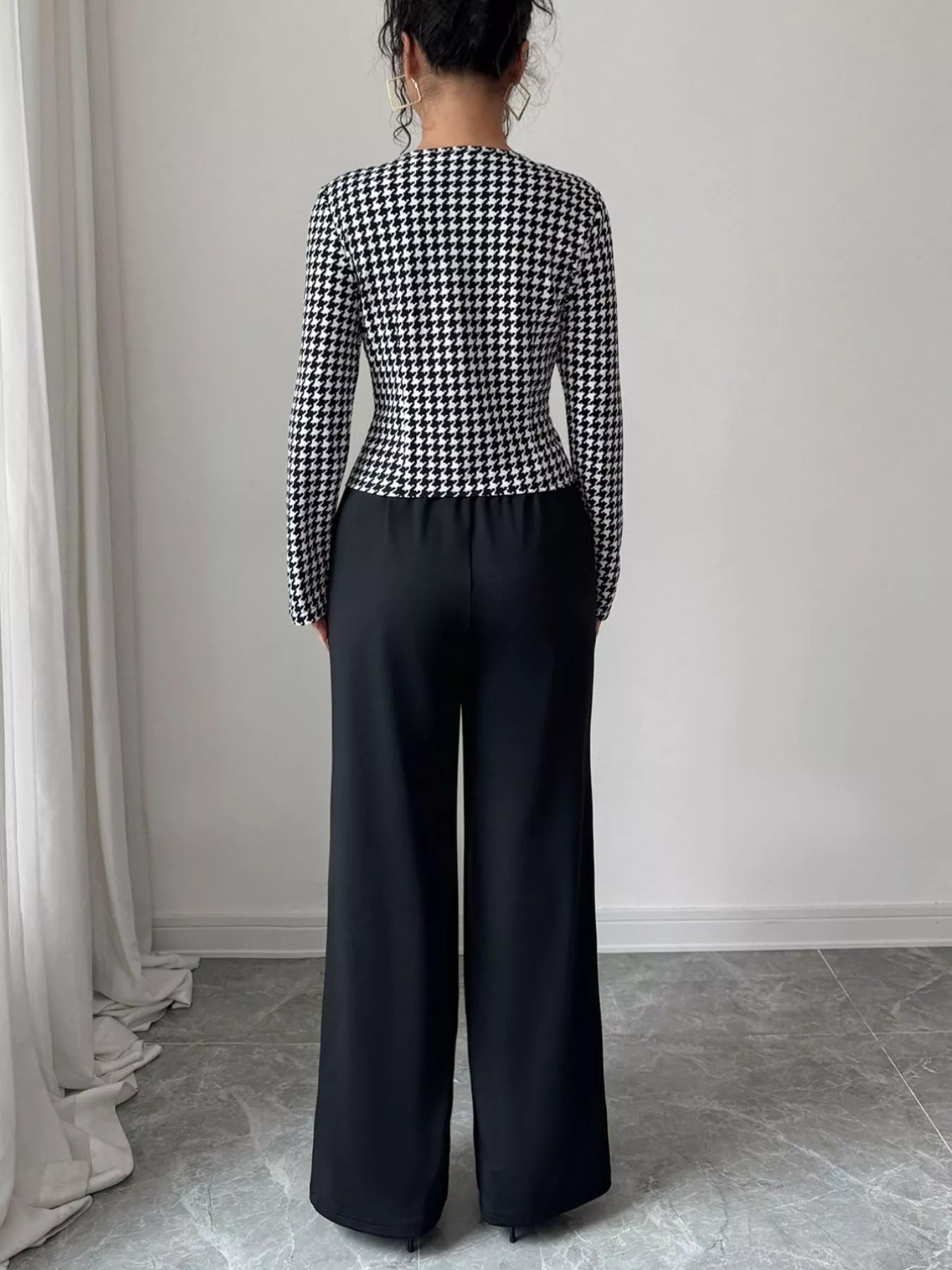 Houndstooth Blazer & Wide Leg Pants Set - MAD RUFFI