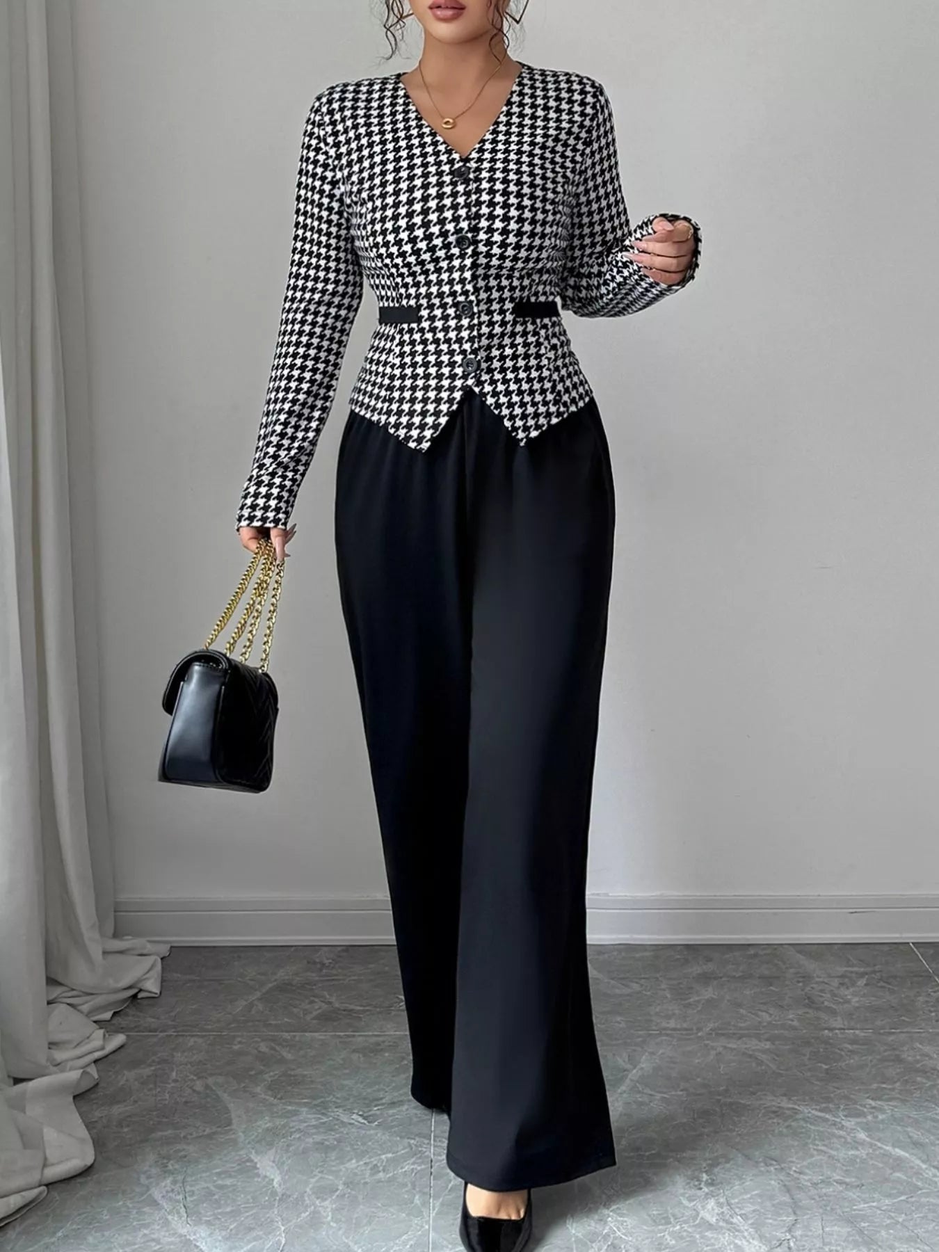 Houndstooth Blazer & Wide Leg Pants Set - MAD RUFFI