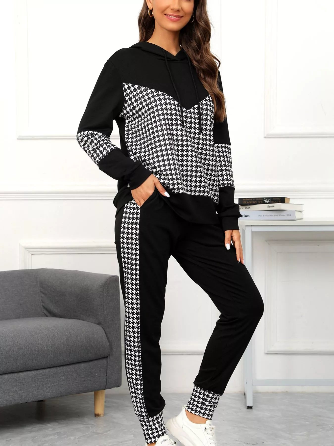 Houndstooth Drawstring Hoodie and Pants Se - MAD RUFFI