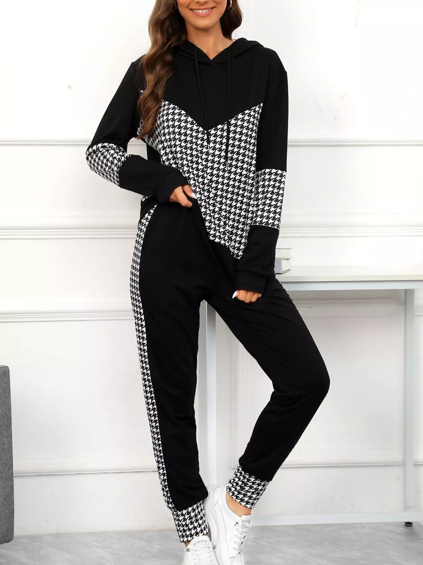 Houndstooth Drawstring Hoodie and Pants Se - MAD RUFFI