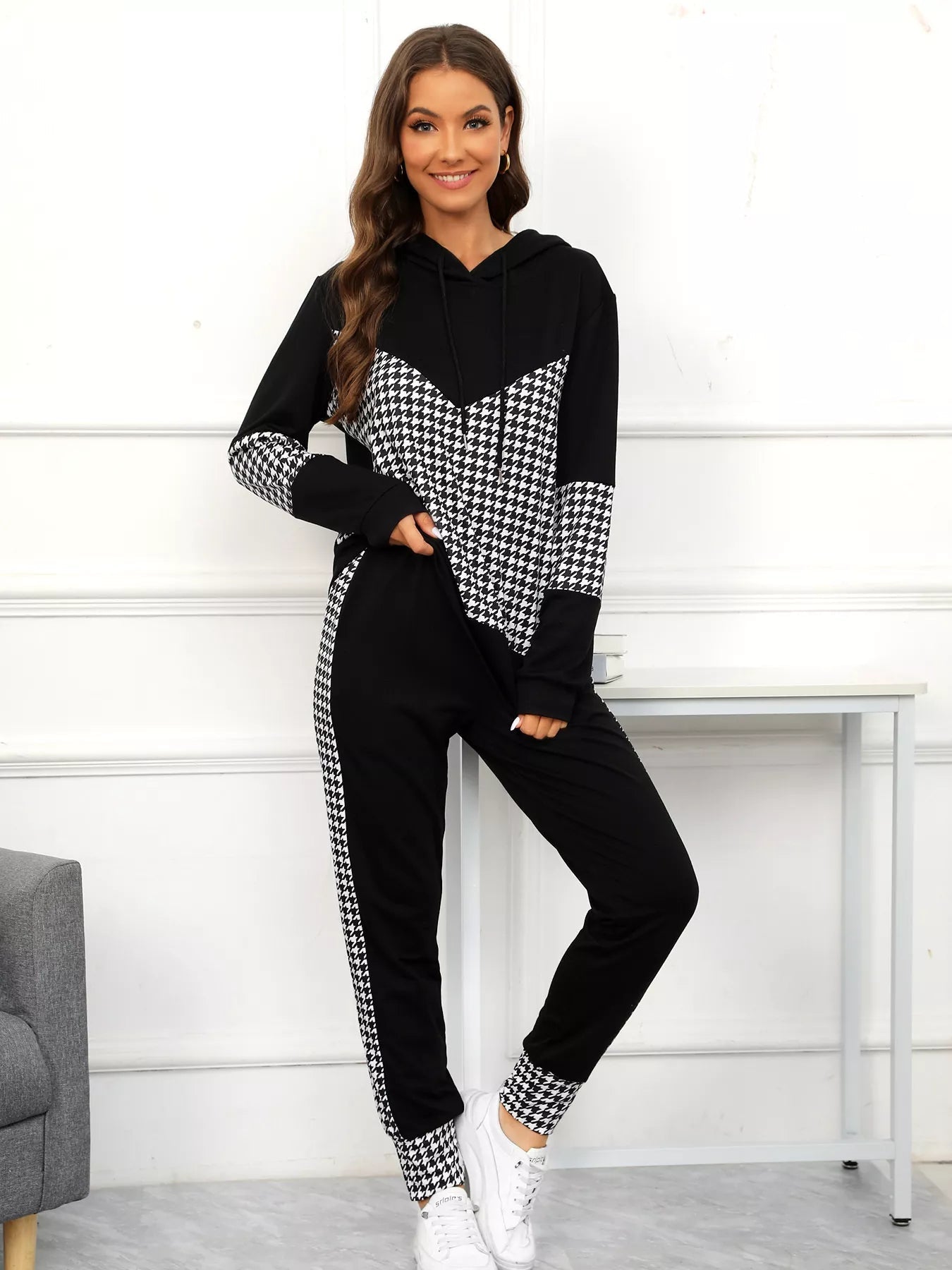 Houndstooth Drawstring Hoodie and Pants Se - MAD RUFFI