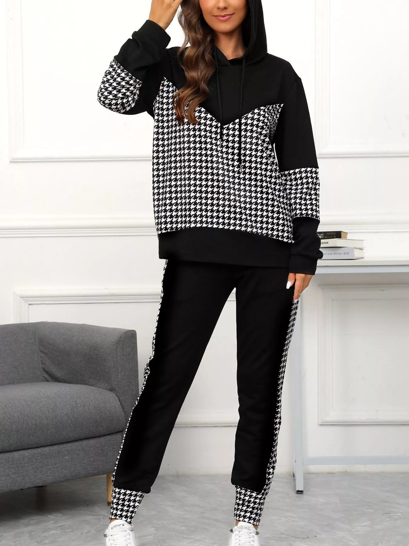Houndstooth Drawstring Hoodie and Pants Se - MAD RUFFI