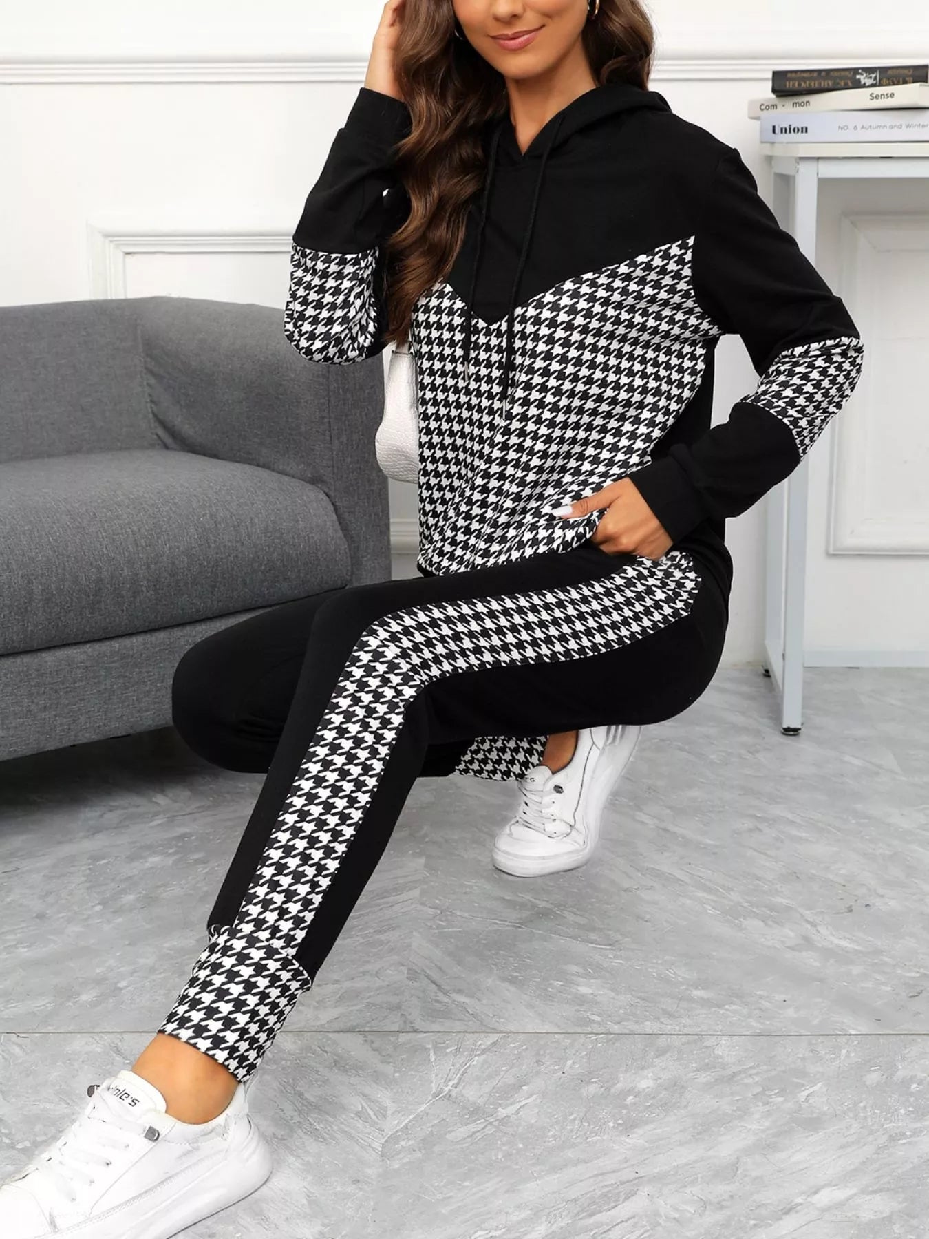 Houndstooth Drawstring Hoodie and Pants Se - MAD RUFFI