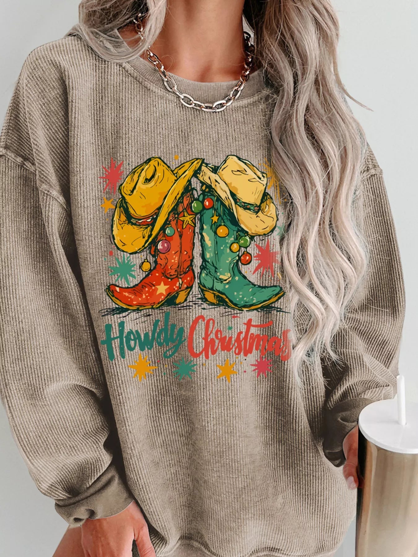 Howdy Christmas Cowboy Boots Graphic Corded Sweatshirt - MAD RUFFI