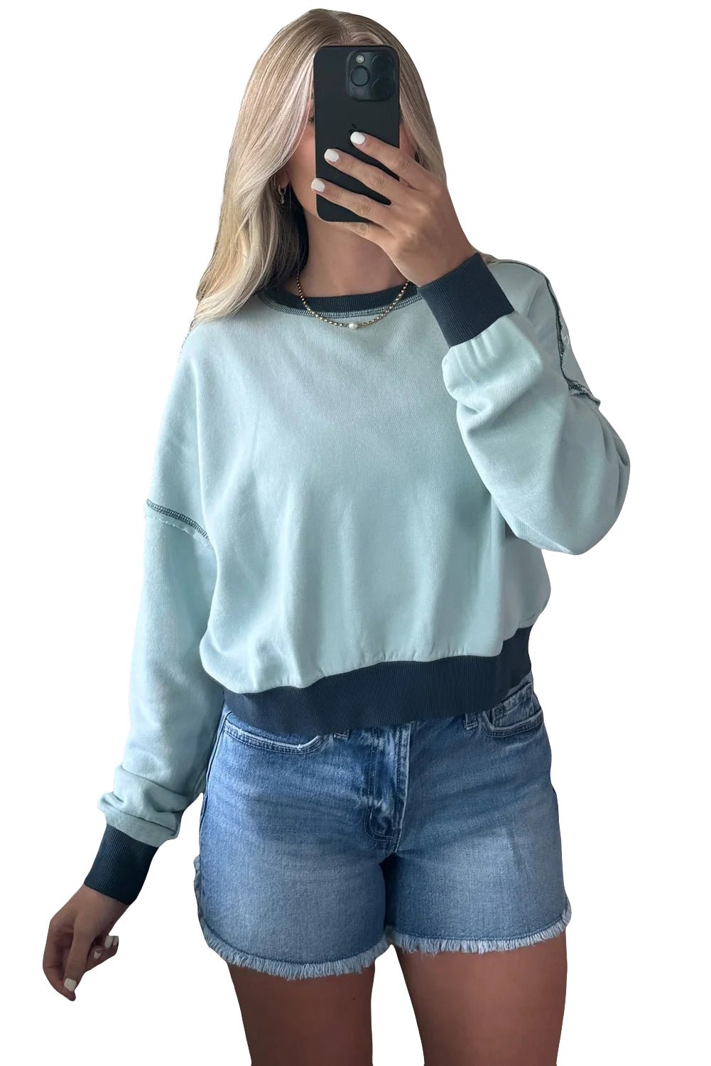 Iceland Blue Contrast Edge Patchwork Cropped Sweatshirt - MAD RUFFI