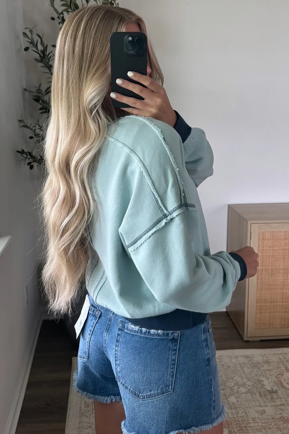 Iceland Blue Contrast Edge Patchwork Cropped Sweatshirt - MAD RUFFI