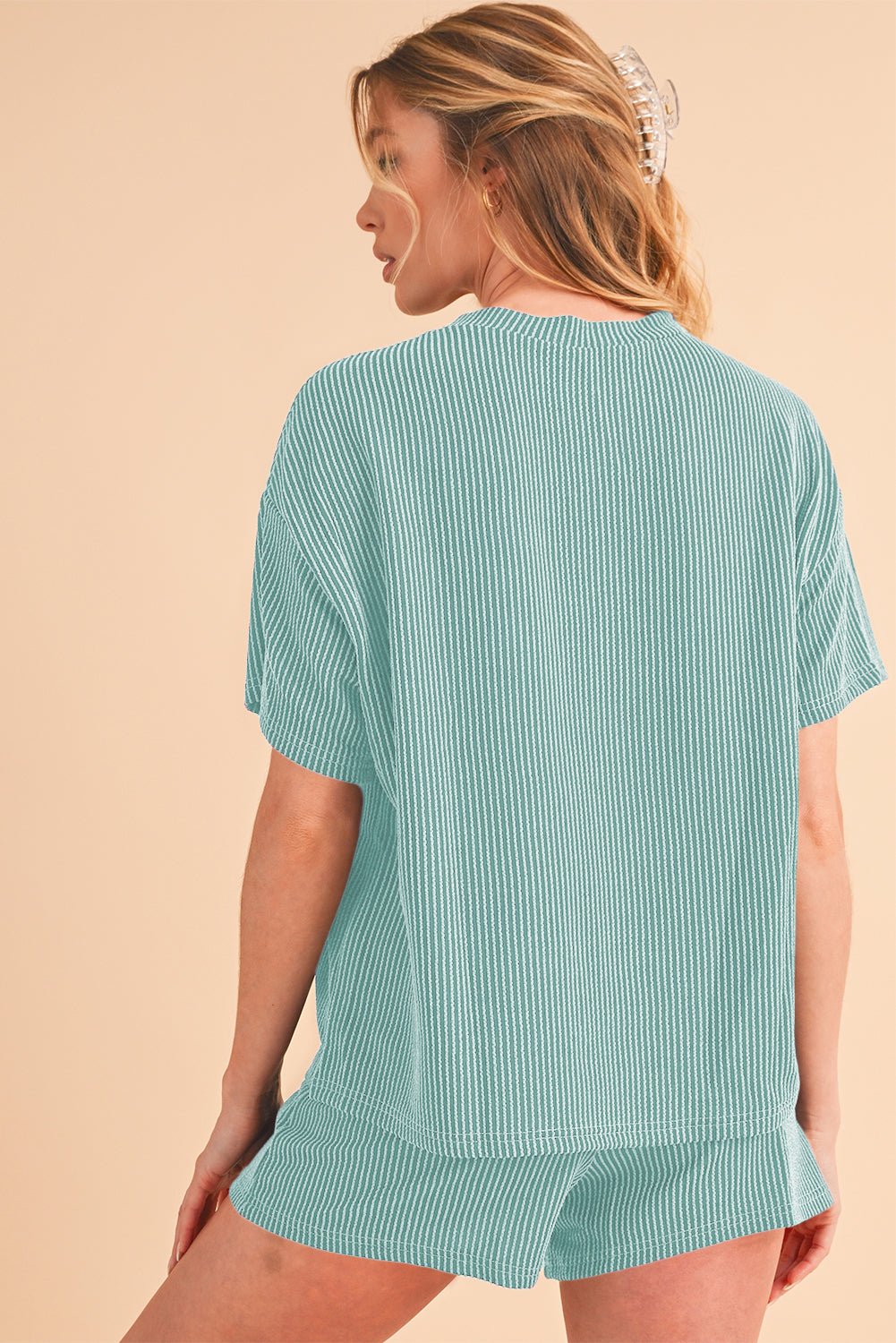 Iceland Blue Ribbed Textured Loose Fit Tee & Shorts Set - MAD RUFFI