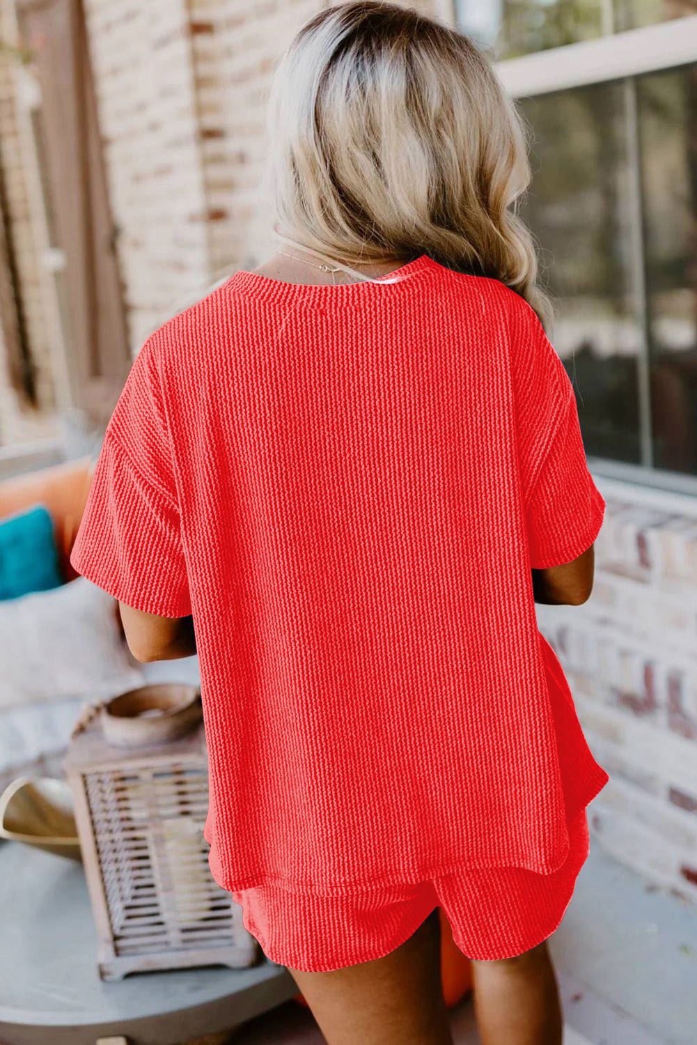 Iceland Blue Ribbed Textured Loose Fit Tee & Shorts Set - MAD RUFFI