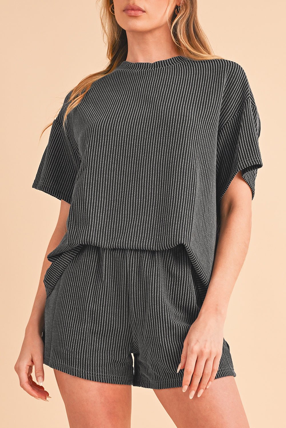 Iceland Blue Ribbed Textured Loose Fit Tee & Shorts Set - MAD RUFFI