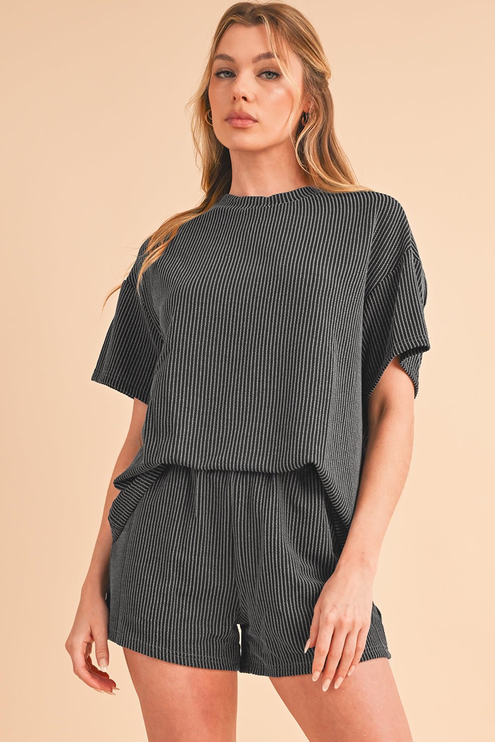 Iceland Blue Ribbed Textured Loose Fit Tee & Shorts Set - MAD RUFFI