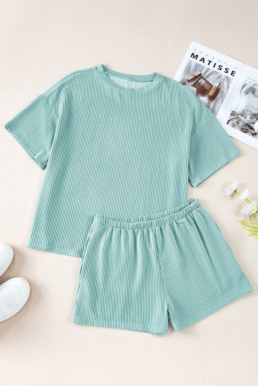 Iceland Blue Ribbed Textured Loose Fit Tee & Shorts Set - MAD RUFFI