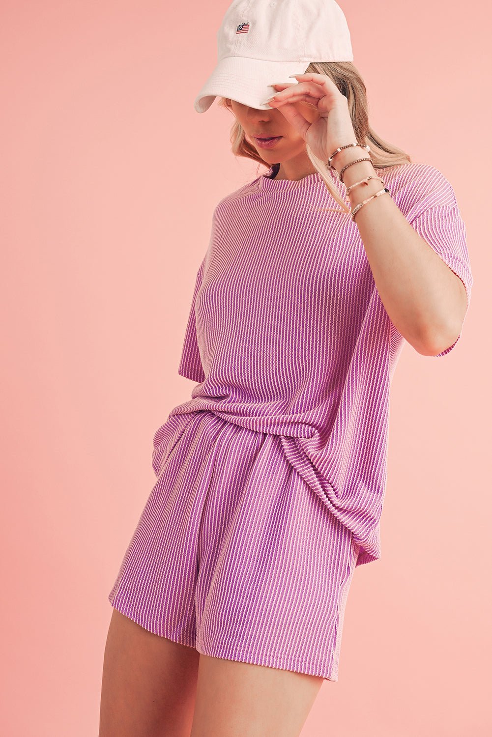 Iceland Blue Ribbed Textured Loose Fit Tee & Shorts Set - MAD RUFFI