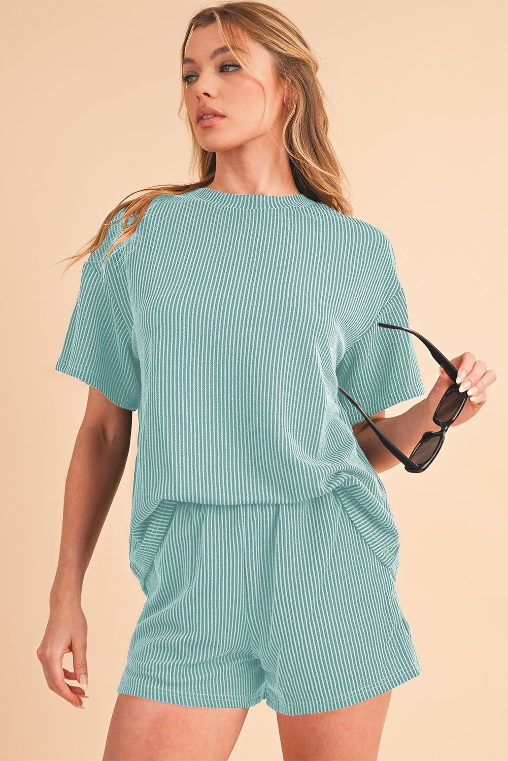 Iceland Blue Ribbed Textured Loose Fit Tee & Shorts Set - MAD RUFFI
