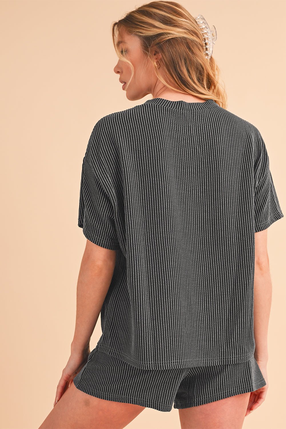 Iceland Blue Ribbed Textured Loose Fit Tee & Shorts Set - MAD RUFFI