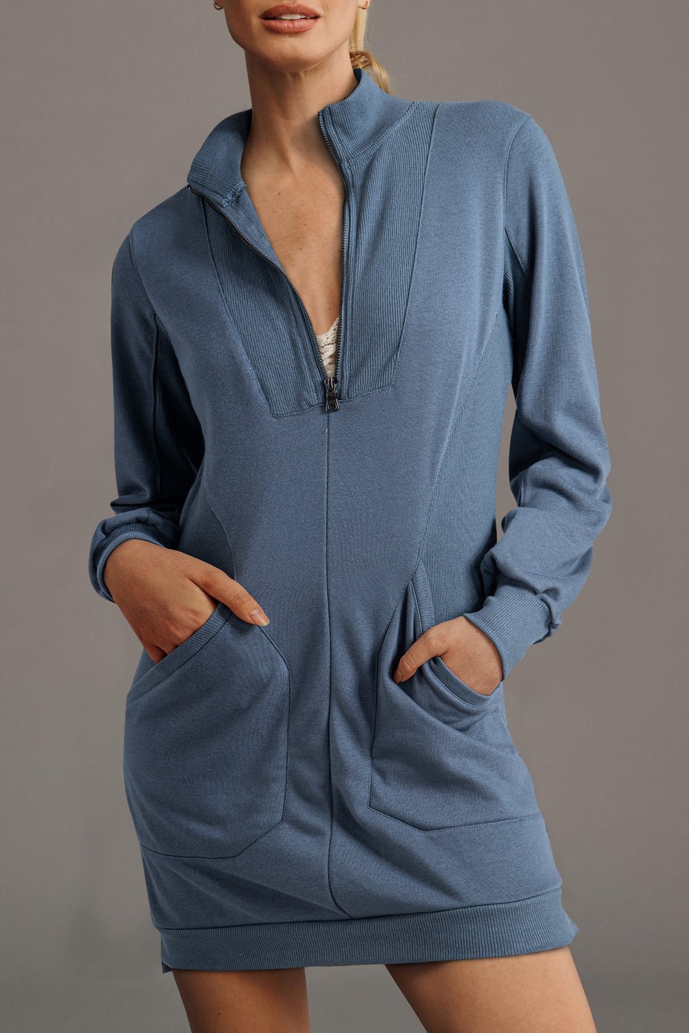 Ivy Zip up Collared Ribbed Patchwork Sweatshirt Dress with Pockets - MAD RUFFI