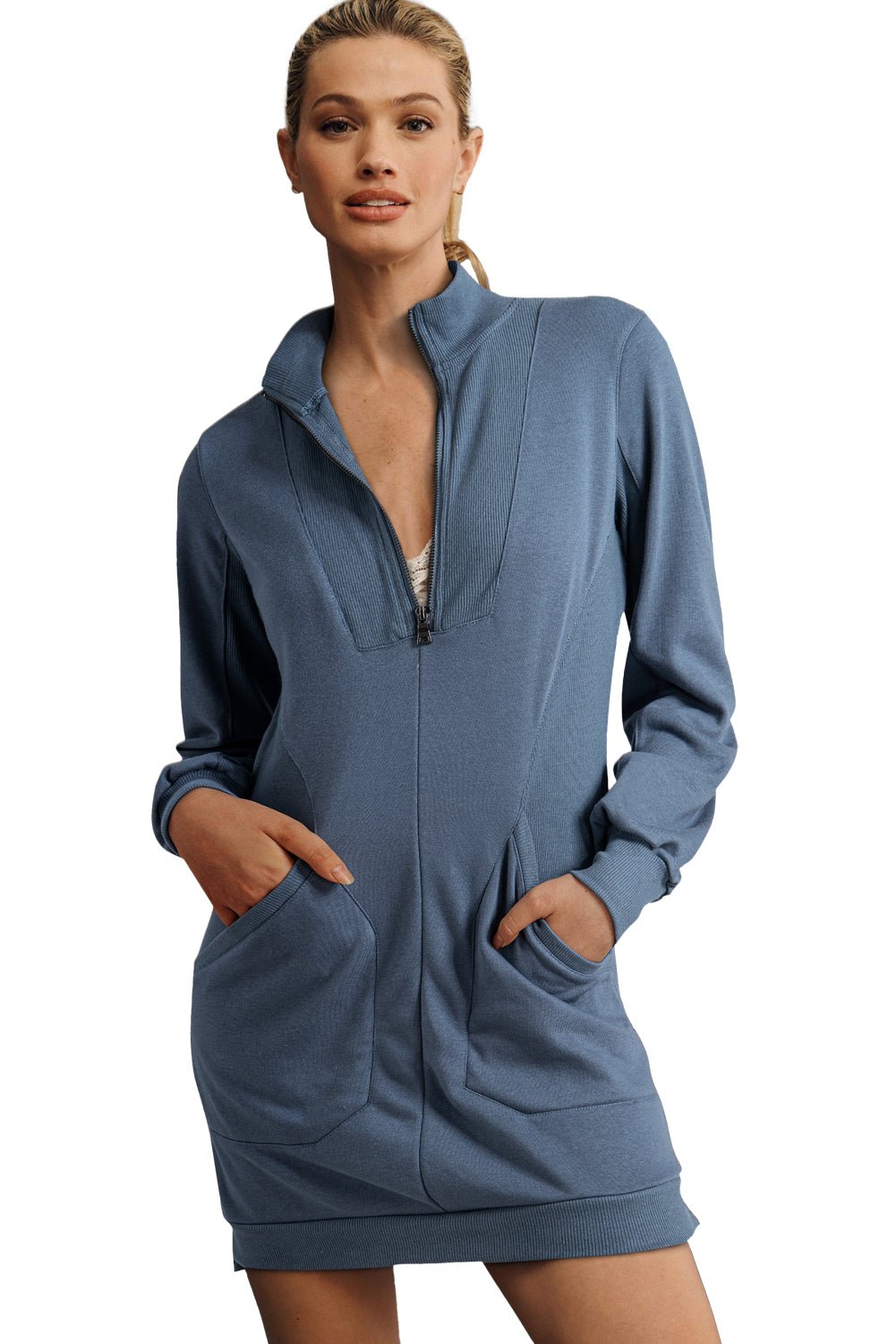 Ivy Zip up Collared Ribbed Patchwork Sweatshirt Dress with Pockets - MAD RUFFI