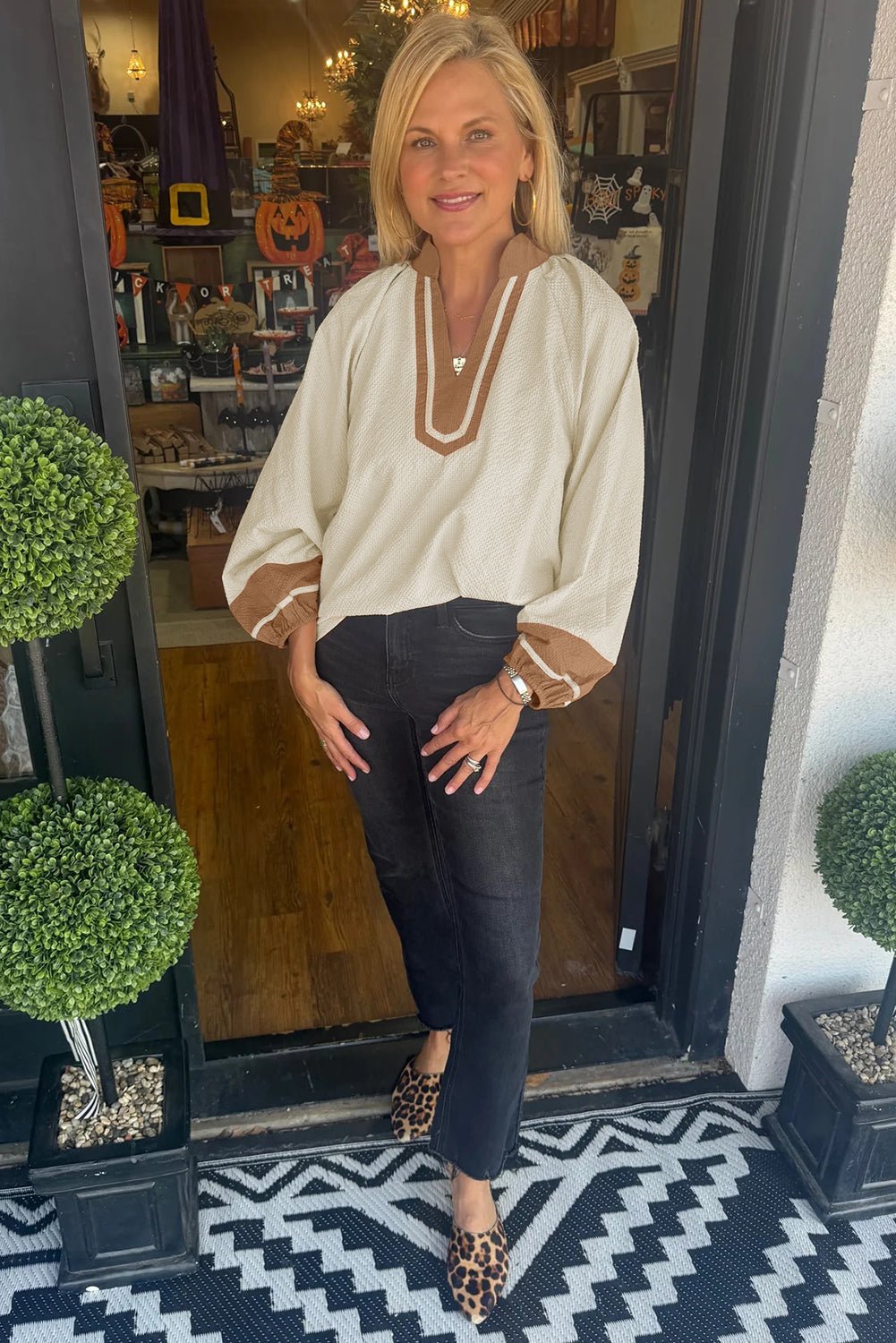 Jet Stream Colorblock Contrast V - neck Long Sleeve Blouse - MAD RUFFI