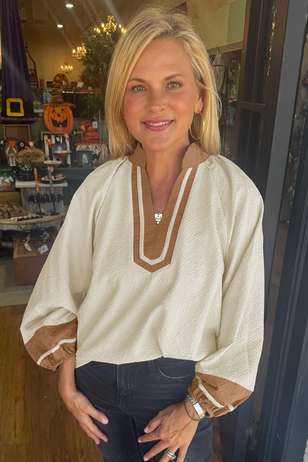 Jet Stream Colorblock Contrast V - neck Long Sleeve Blouse - MAD RUFFI