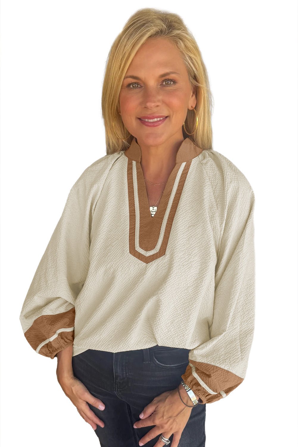 Jet Stream Colorblock Contrast V - neck Long Sleeve Blouse - MAD RUFFI