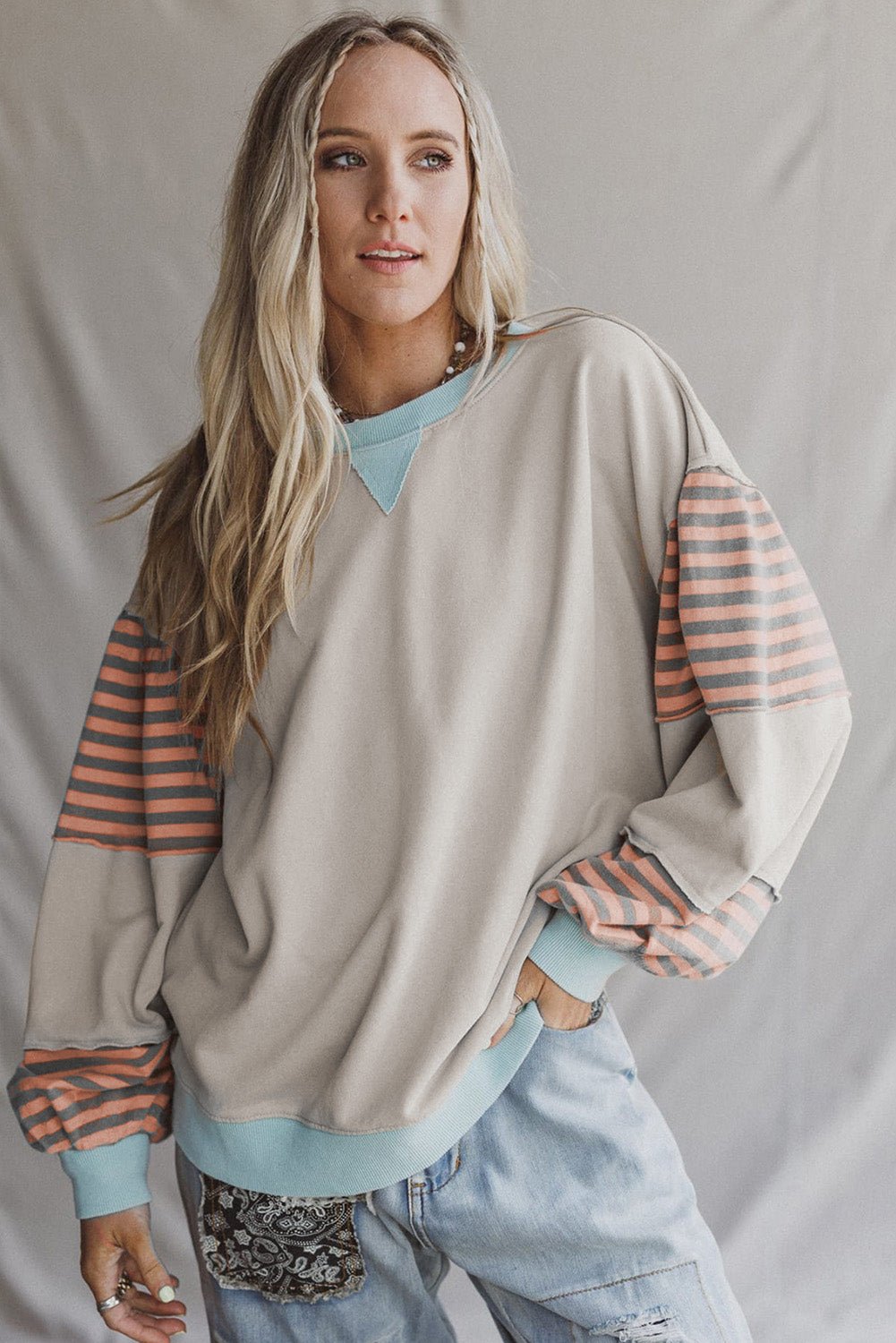Jet Stream Colorblock Patchwork Striped Sleeve Sweatshirt - MAD RUFFI