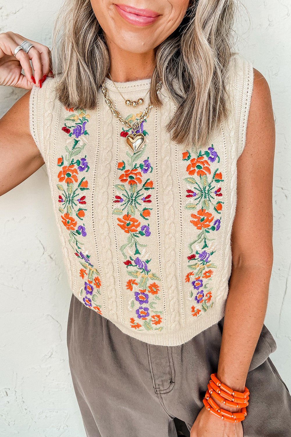 Jet Stream Embroidered Floral Cable Knit Vest Top - MAD RUFFI