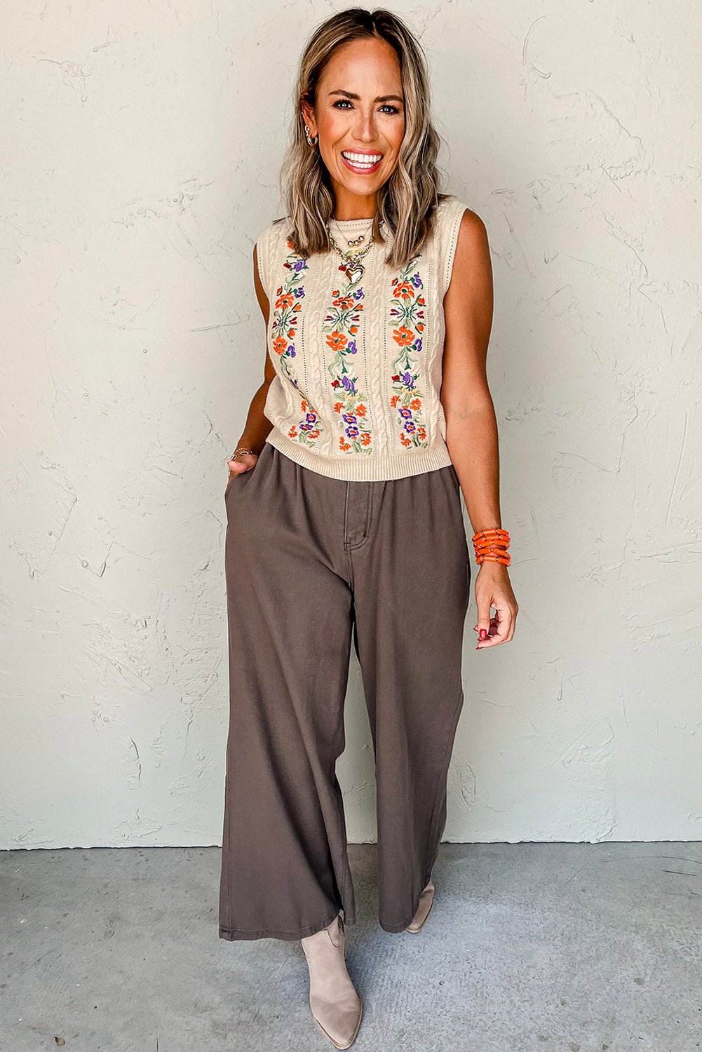 Jet Stream Embroidered Floral Cable Knit Vest Top - MAD RUFFI