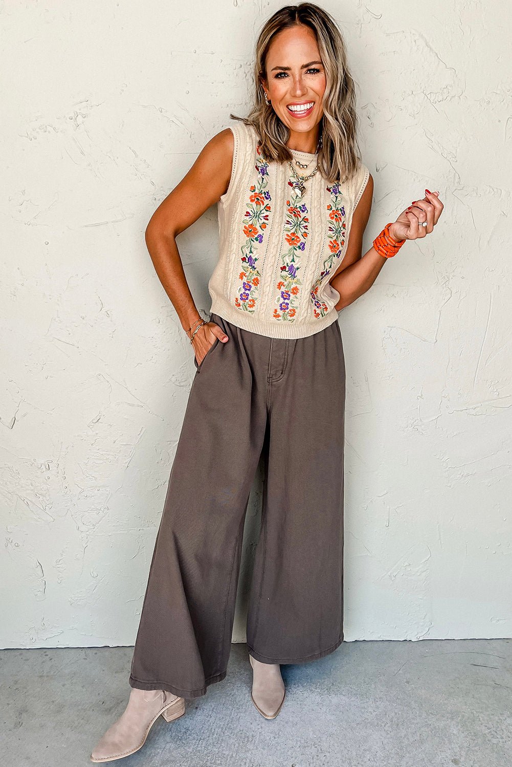 Jet Stream Embroidered Floral Cable Knit Vest Top - MAD RUFFI