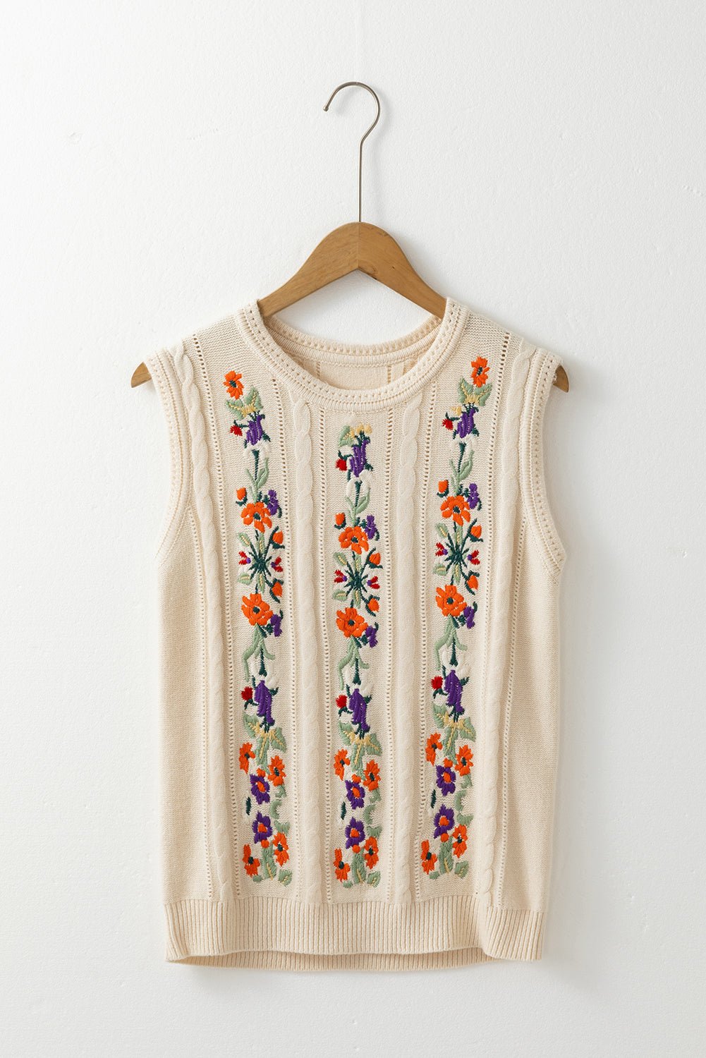 Jet Stream Embroidered Floral Cable Knit Vest Top - MAD RUFFI
