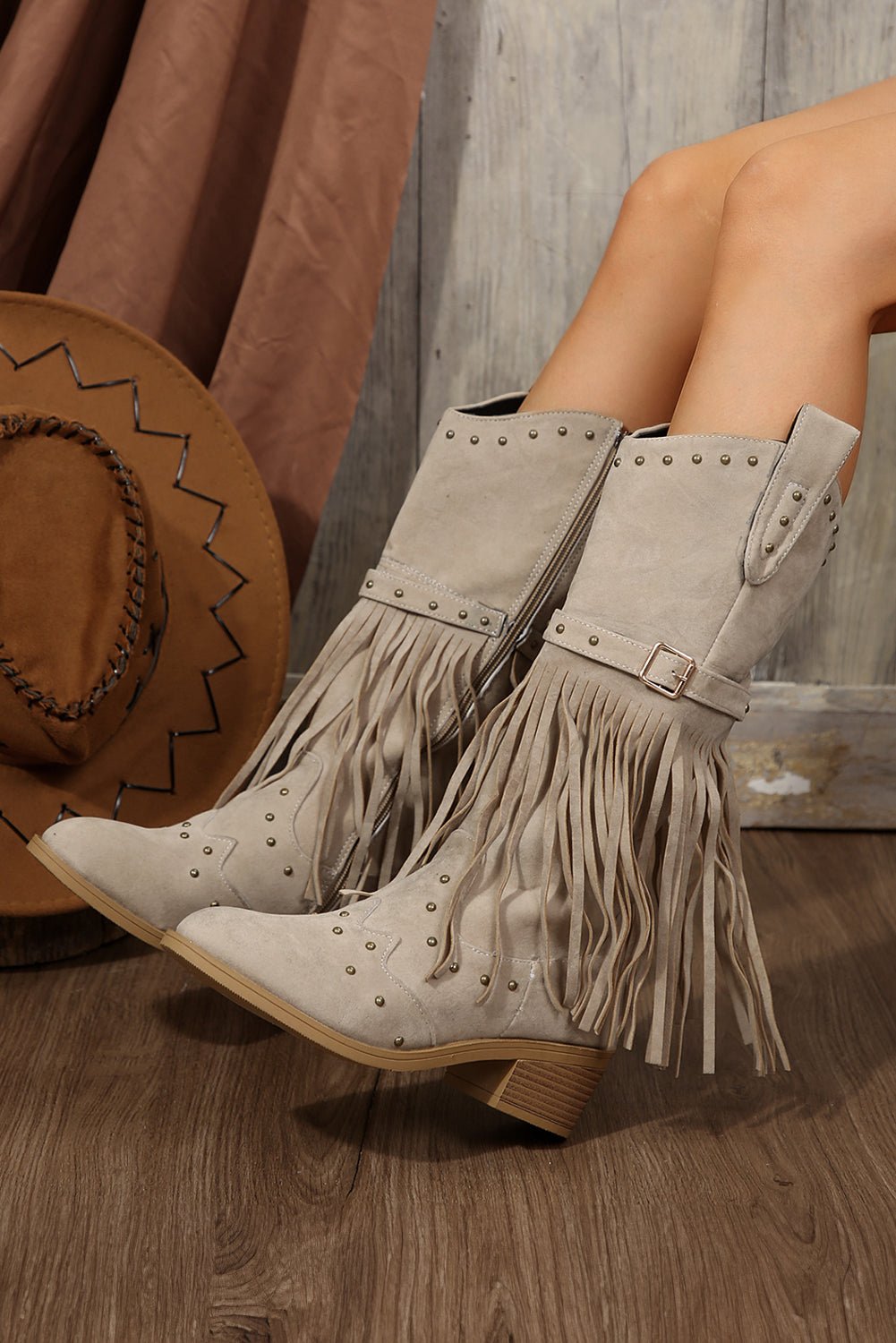 Jet Stream Faux Suede Studded Fringe Trim Heel Boots - MAD RUFFI