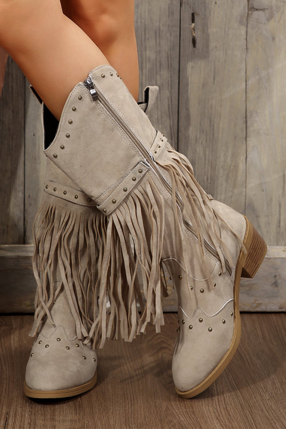 Jet Stream Faux Suede Studded Fringe Trim Heel Boots - MAD RUFFI