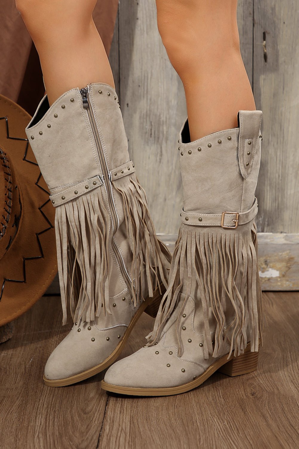 Jet Stream Faux Suede Studded Fringe Trim Heel Boots - MAD RUFFI