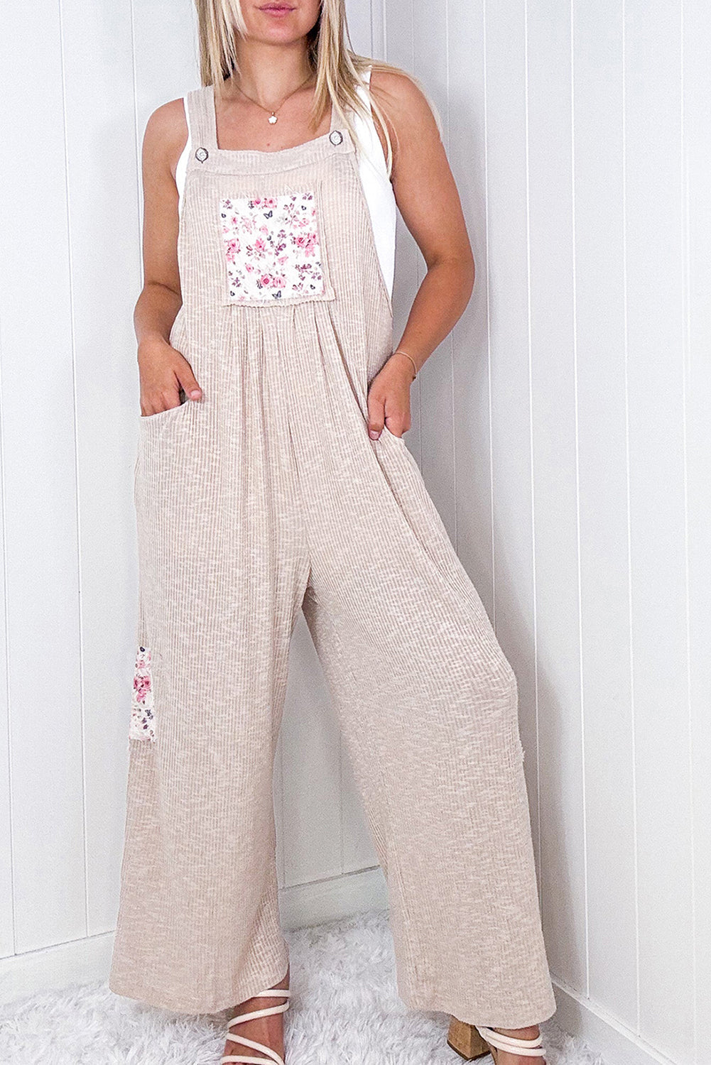 Jet Stream Floral Patchwork Ribbed Side Pockets Wide Leg Overall - MAD RUFFI