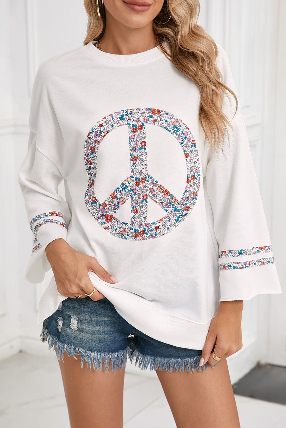 Jet Stream Floral Peace Sign Drop Shoulder Top - MAD RUFFI