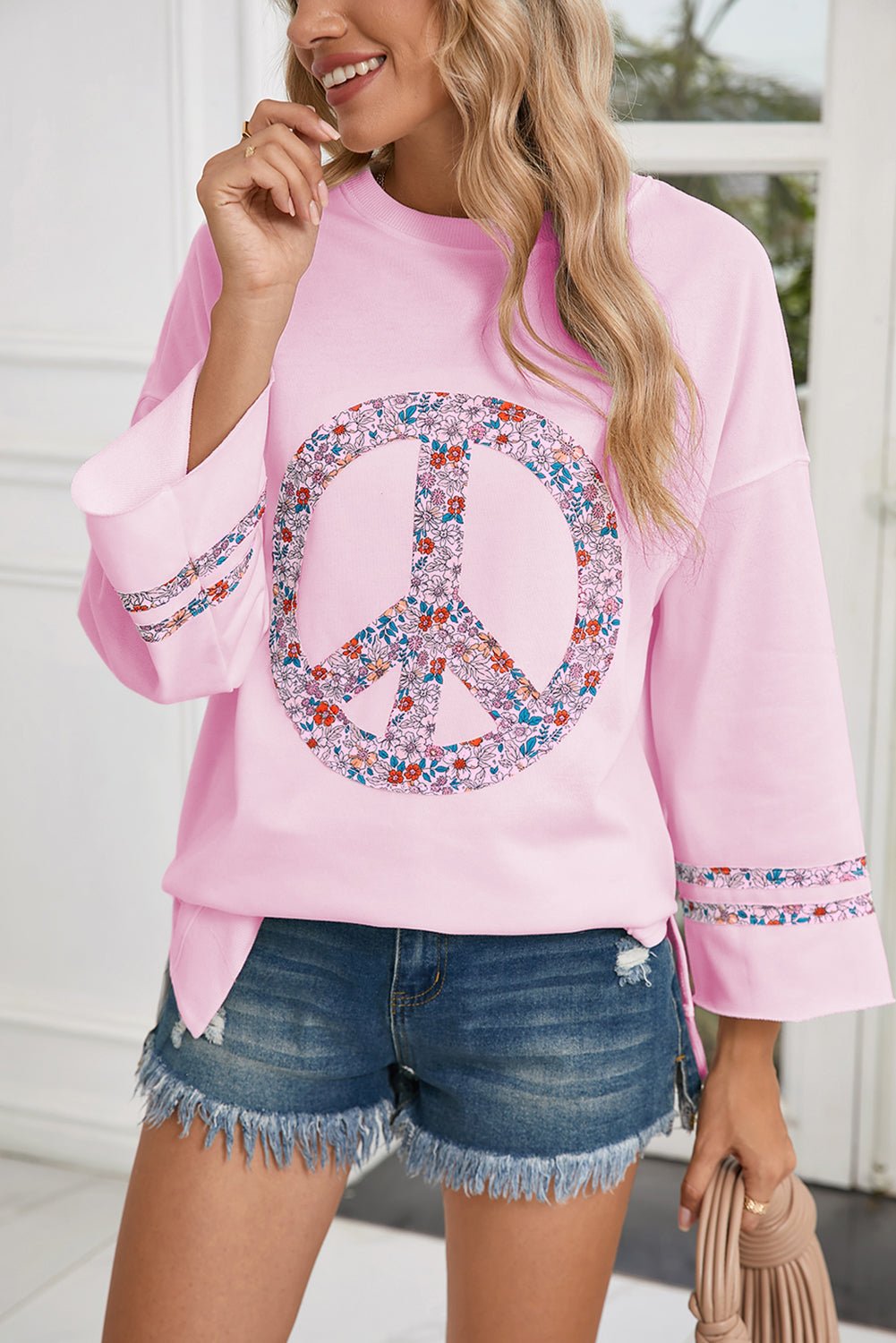 Jet Stream Floral Peace Sign Drop Shoulder Top - MAD RUFFI