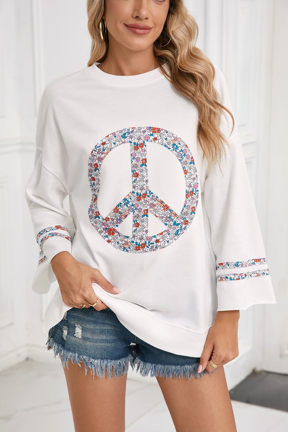 Jet Stream Floral Peace Sign Drop Shoulder Top - MAD RUFFI