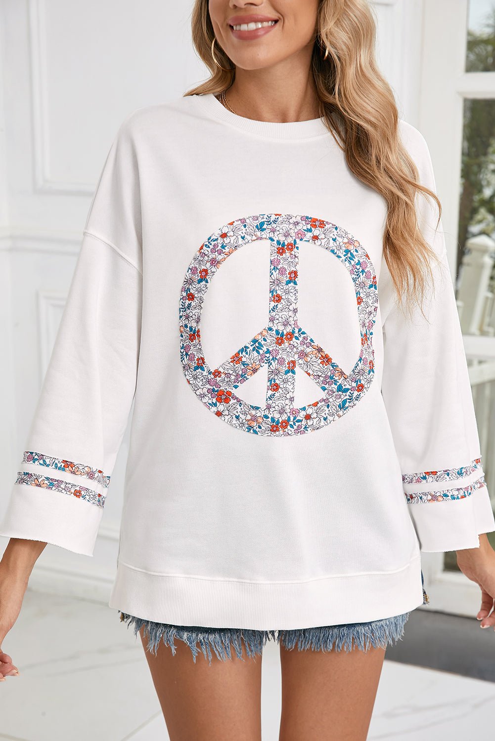 Jet Stream Floral Peace Sign Drop Shoulder Top - MAD RUFFI
