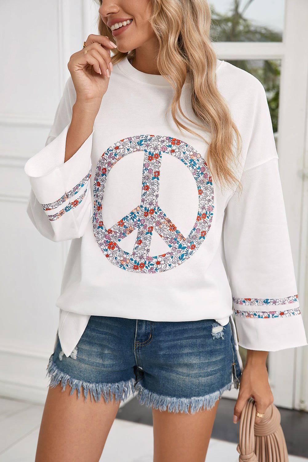 Jet Stream Floral Peace Sign Drop Shoulder Top - MAD RUFFI