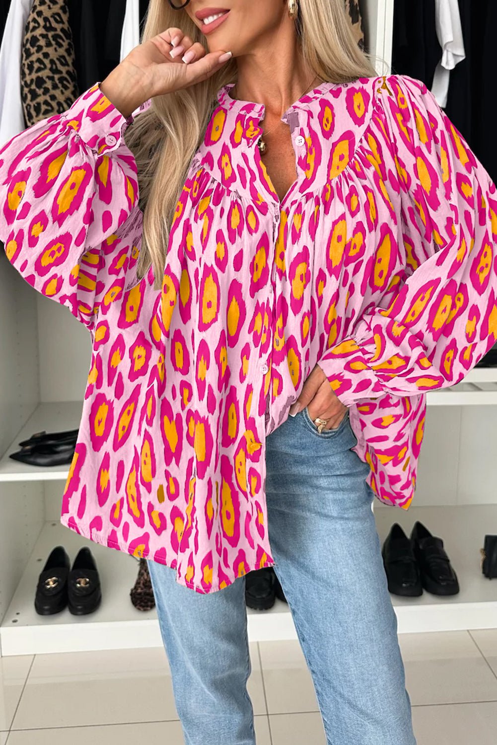 Jet Stream Leopard Print Balloon Sleeve Loose Blouse - MAD RUFFI