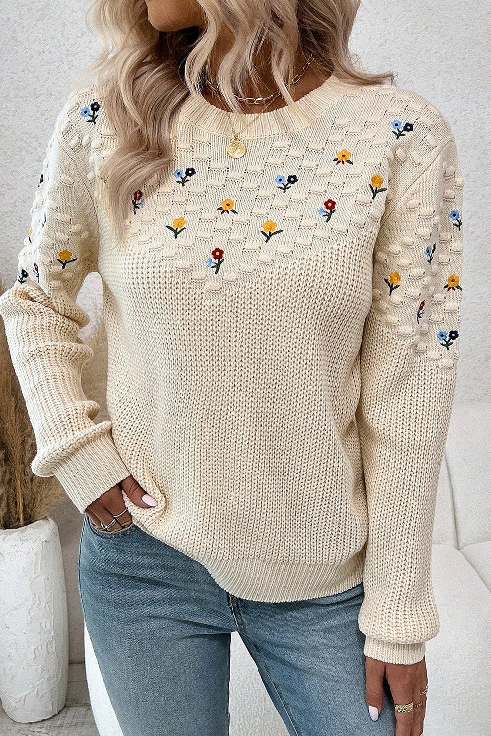 Jet Stream Mixed Texture Knit Flower Embroidered Detail Casual Sweater - MAD RUFFI