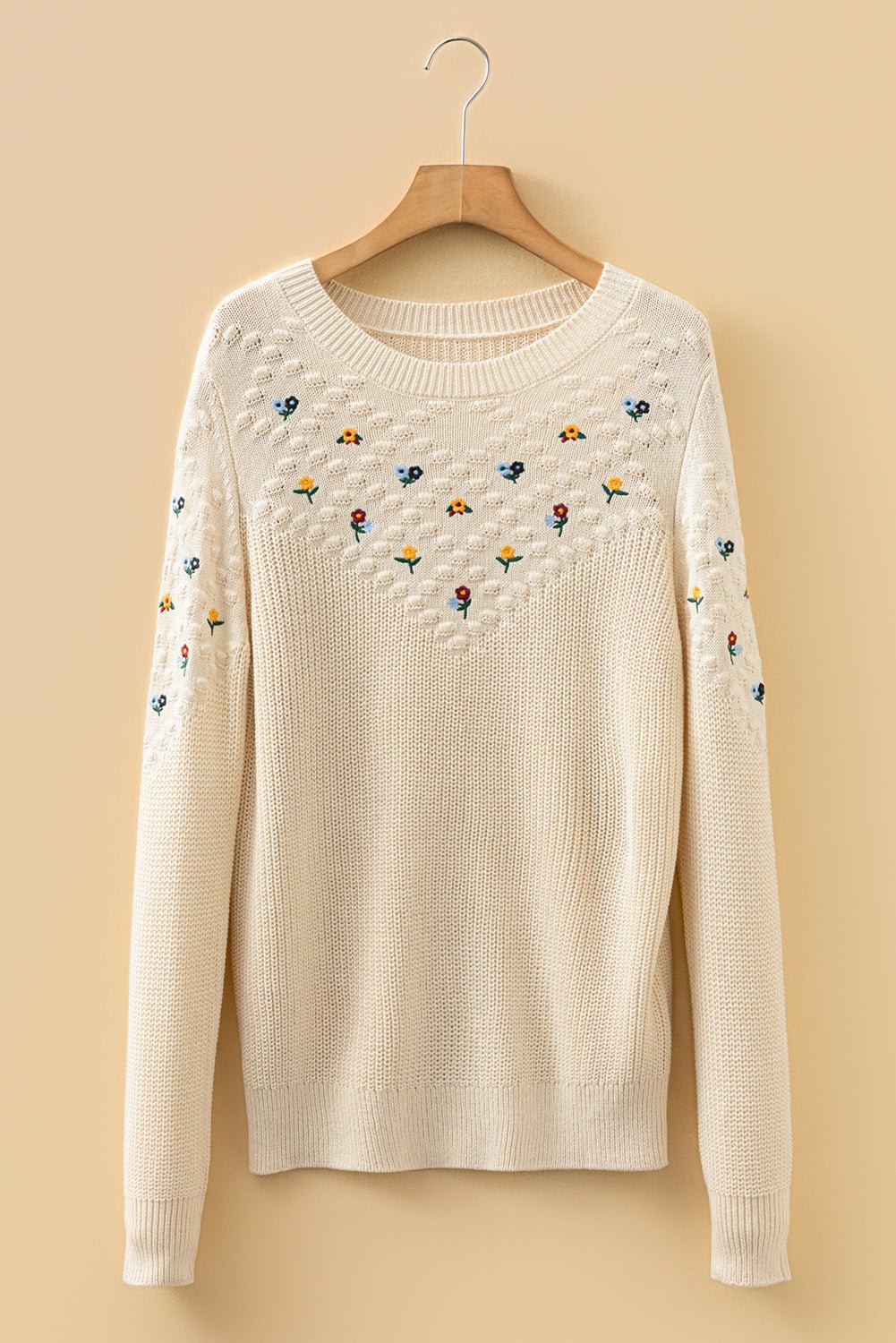 Jet Stream Mixed Texture Knit Flower Embroidered Detail Casual Sweater - MAD RUFFI
