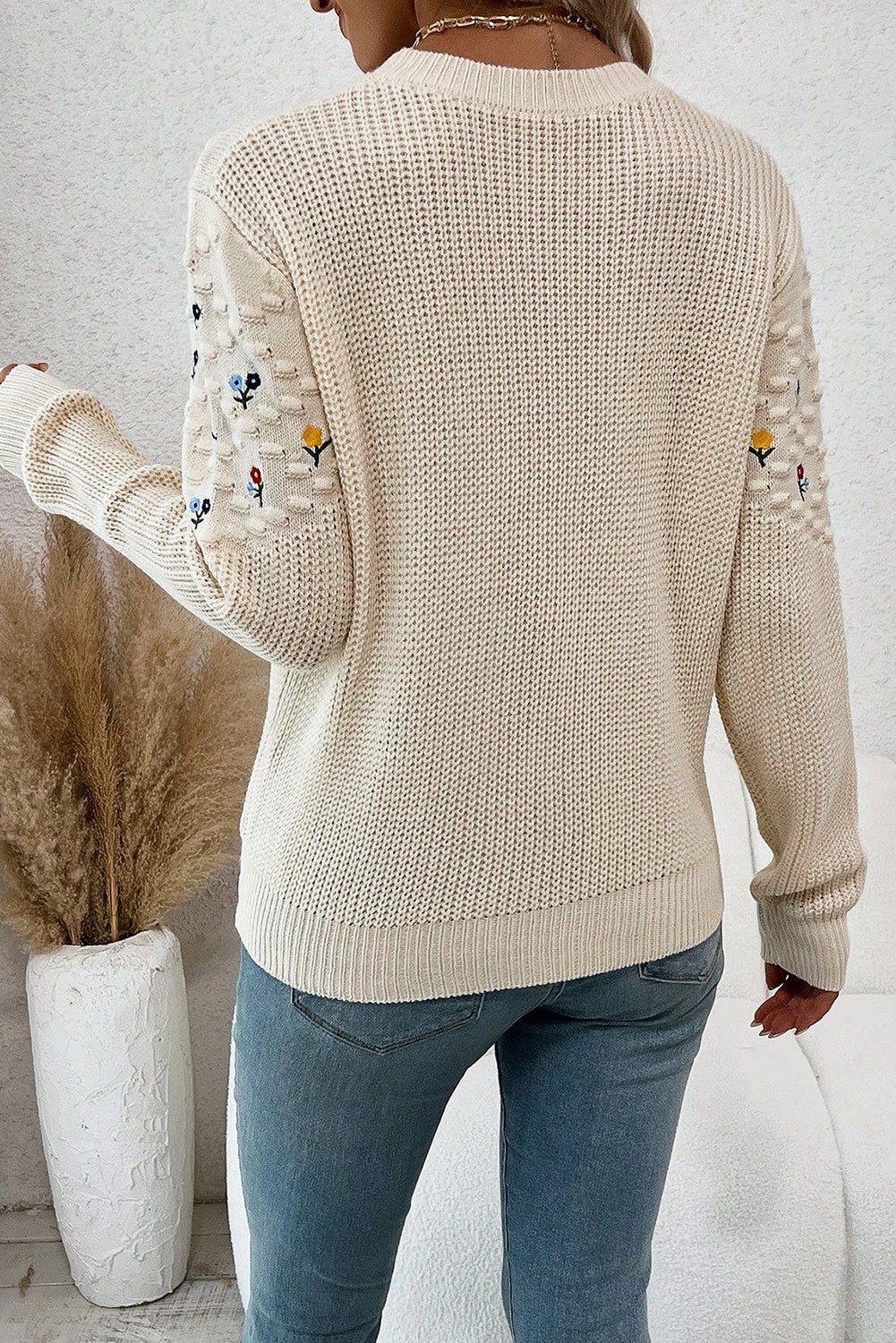 Jet Stream Mixed Texture Knit Flower Embroidered Detail Casual Sweater - MAD RUFFI