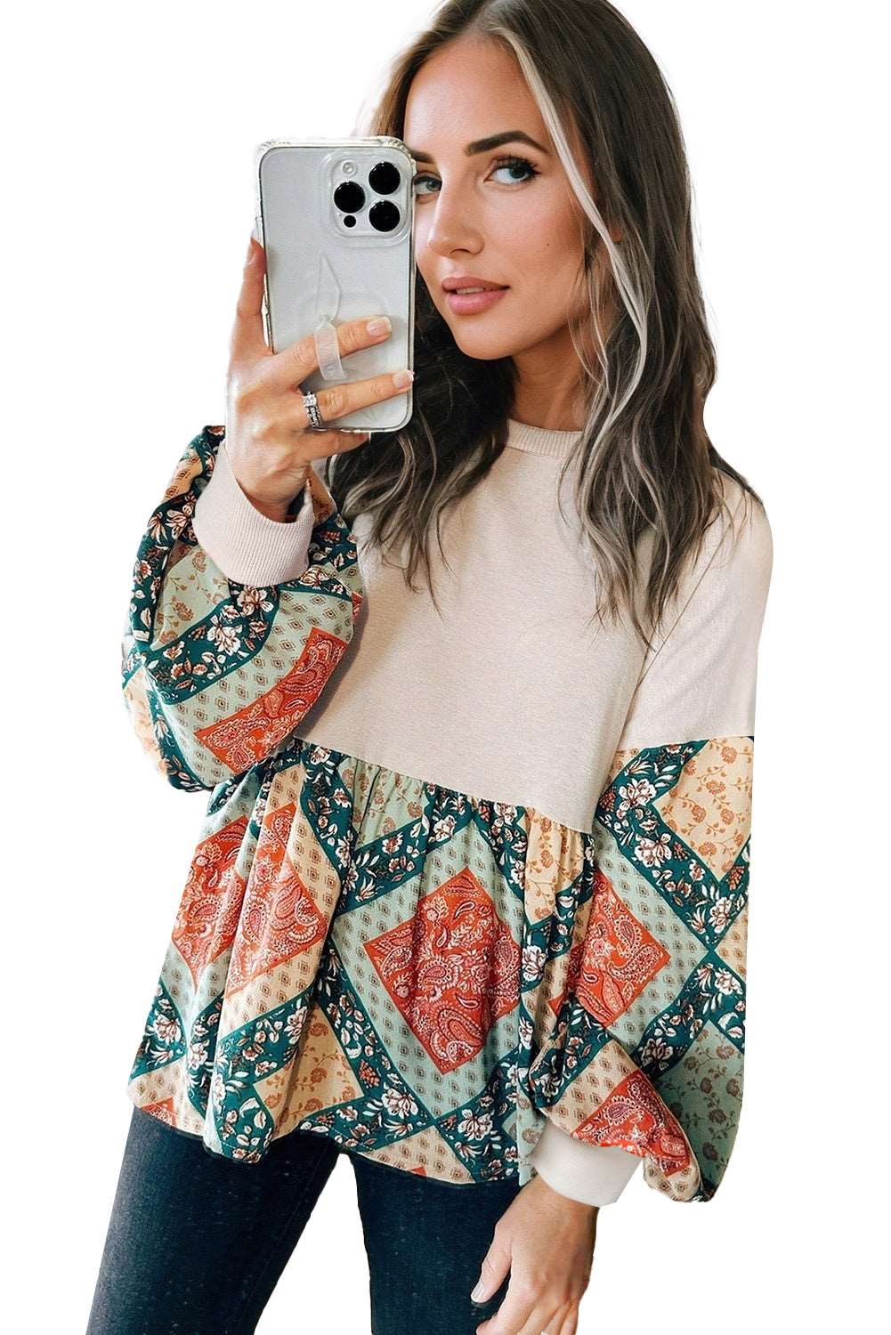 Jet Stream Paisley Geometric Patchwork Loose Fit Blouse - MAD RUFFI