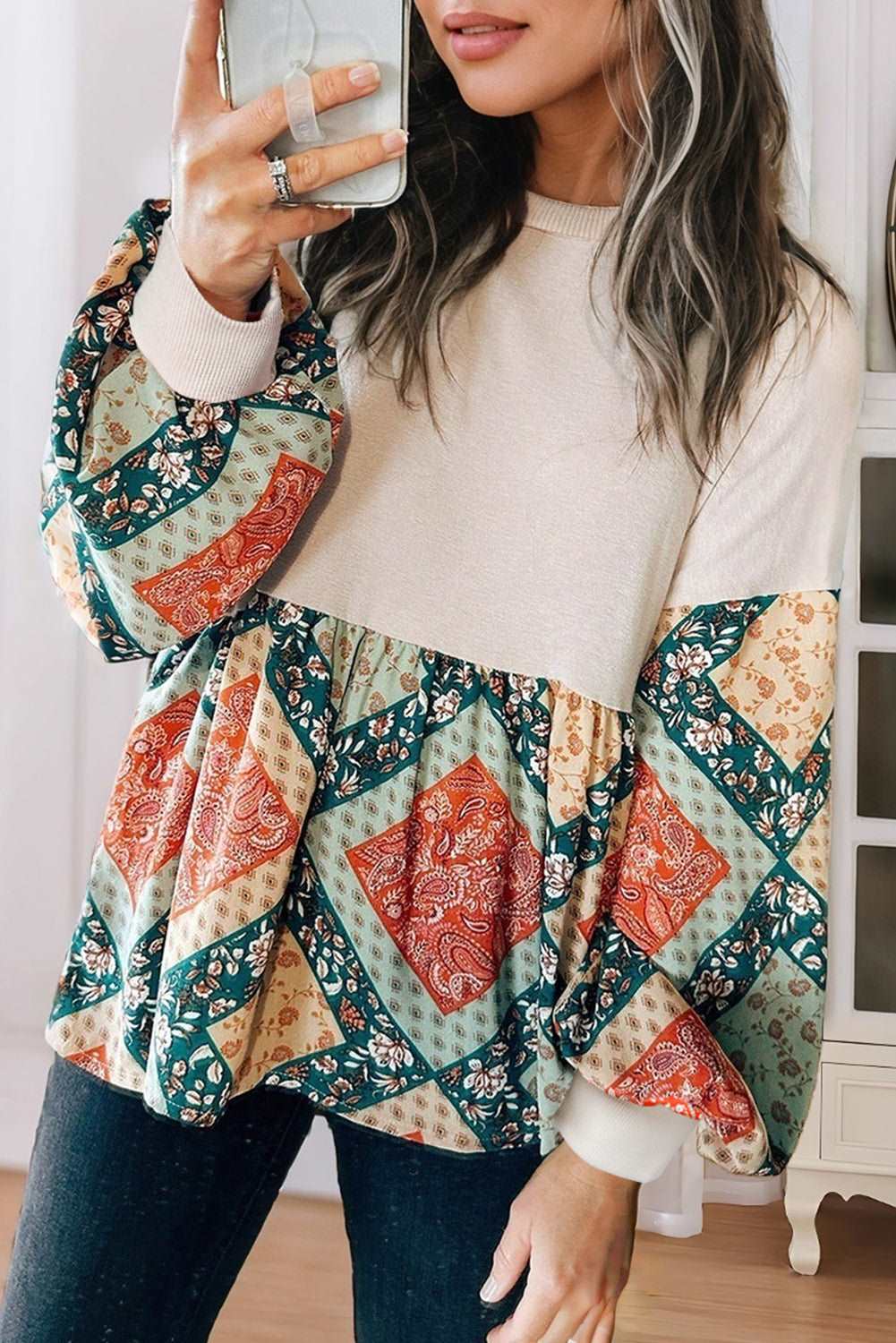 Jet Stream Paisley Geometric Patchwork Loose Fit Blouse - MAD RUFFI