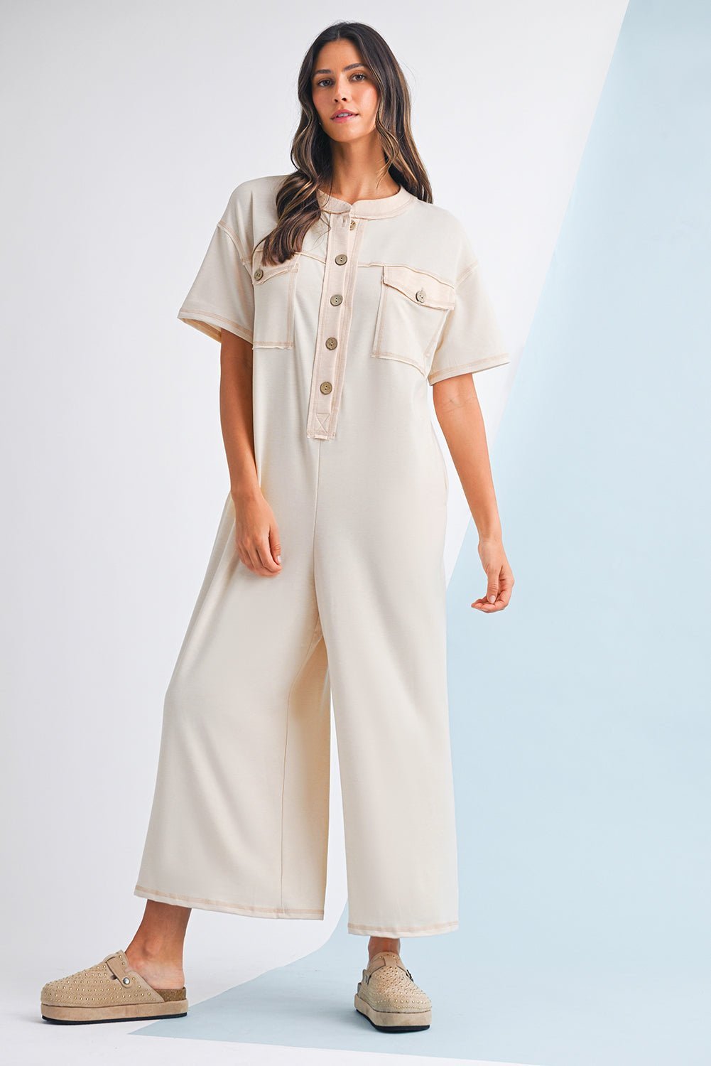 Jet Stream Patchwork Pocket Short Sleeve Jumpsuit - MAD RUFFI