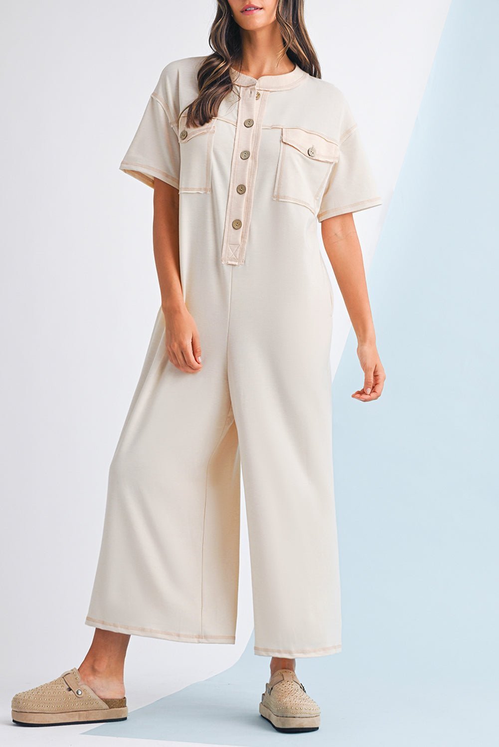 Jet Stream Patchwork Pocket Short Sleeve Jumpsuit - MAD RUFFI